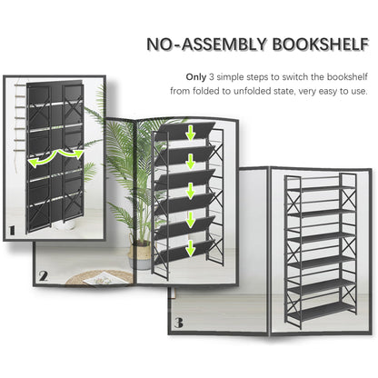 4NM Extra Wide 6 Tiers No Assembly Book Shelves, 61.8" H Folding Bookshelf Bookcase Open Industrial Foldable Shelves for Bedroom, Living Room, Home Office - All Black