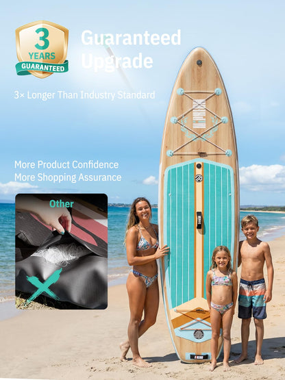 Niphean (Extra Large) Inflatable Paddle Board, SUP for 2+1 People/Family 500lbs Capacity Stand Up Paddle Board with SUP Accessories, StabilTrac Fin Non-Slip Paddleboard for Adults-Classic Wood