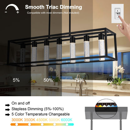 VINLUZ LED 7 Light Contemporary Dining Room Chandelier,Farmhouse Hanging Ceiling Kitchen Island Lighting in Matte Black Finish Rectangle Modern Pendant Light Adjustable Height