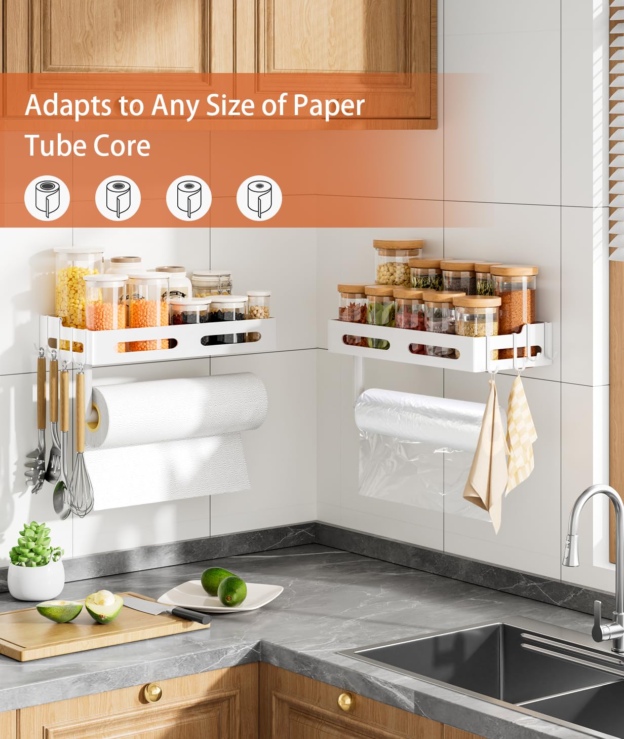 Paper Towel Holder Wall Mount with Shelf, Easy One Hand Tear, Adhesive Glue or Drill Mount Hanging Paper Towel Holder with Shelf for Kitchen/Bathroom/RV, White Metal, 4 Hooks