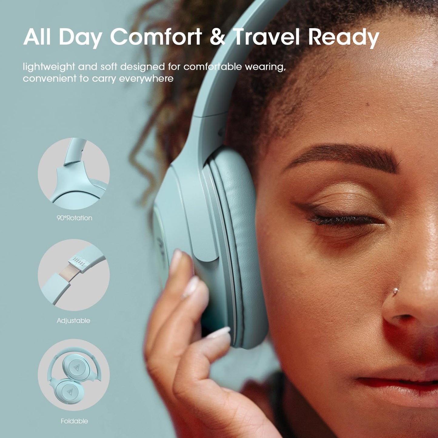 DOQAUS Bluetooth Headphones Over The Ear Wireless, 70H Playtime, 3 EQ Modes, HiFi Stereo with Deep Bass, Memory Foam Comfort for Travel, Gym, Workout, Phone, PC Stocking Stuffers