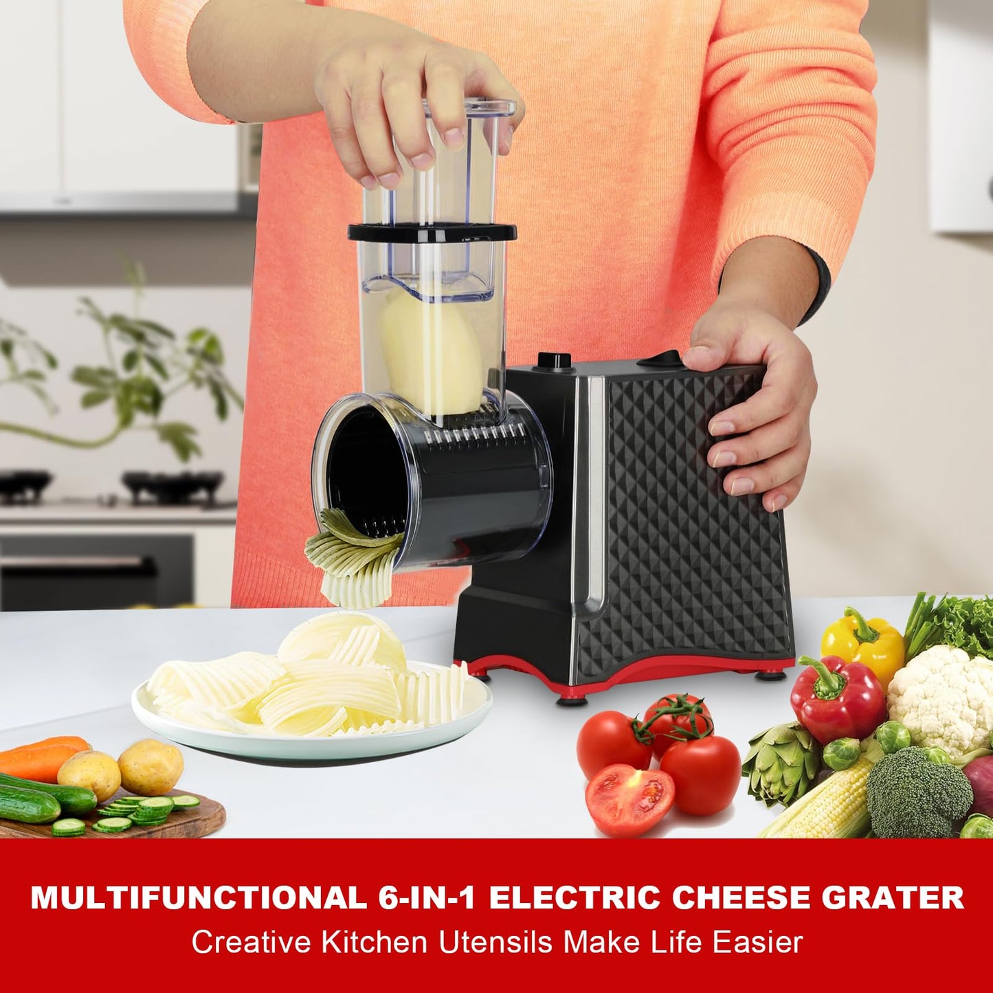 YOTAN Electric Cheese Grater, Electric Slicer Shredder with 6 Blades, 250W Salad Shooter, Enlarged Inlet and Dispenser, Automatic Vegetable Slicer for Cheeses, Fruits, Vegetables