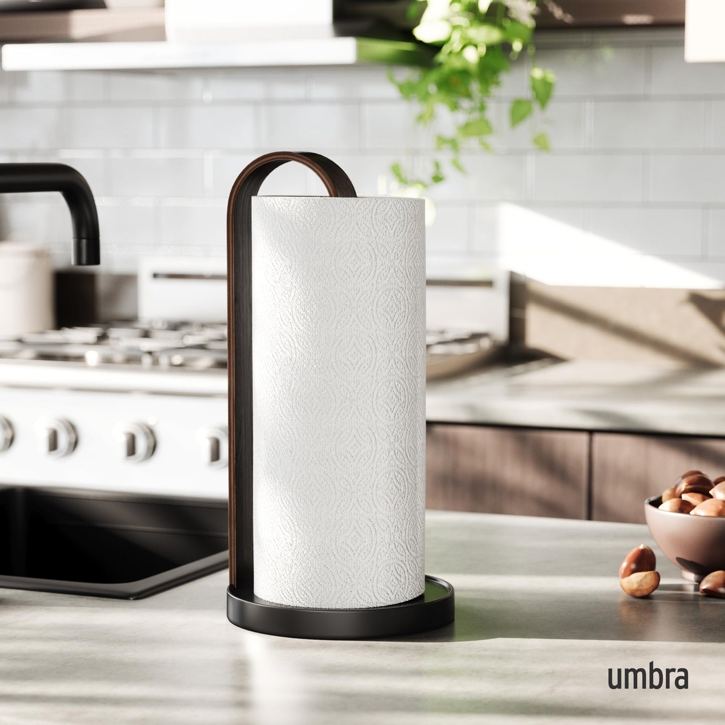 Umbra Bellwood Paper Towel Holder for Kitchen Countertop, with Real Wood Stand and Weighted Metal Base, Black/Walnut