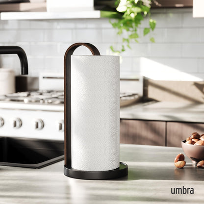 Umbra Bellwood Paper Towel Holder for Kitchen Countertop, with Real Wood Stand and Weighted Metal Base, Black/Walnut