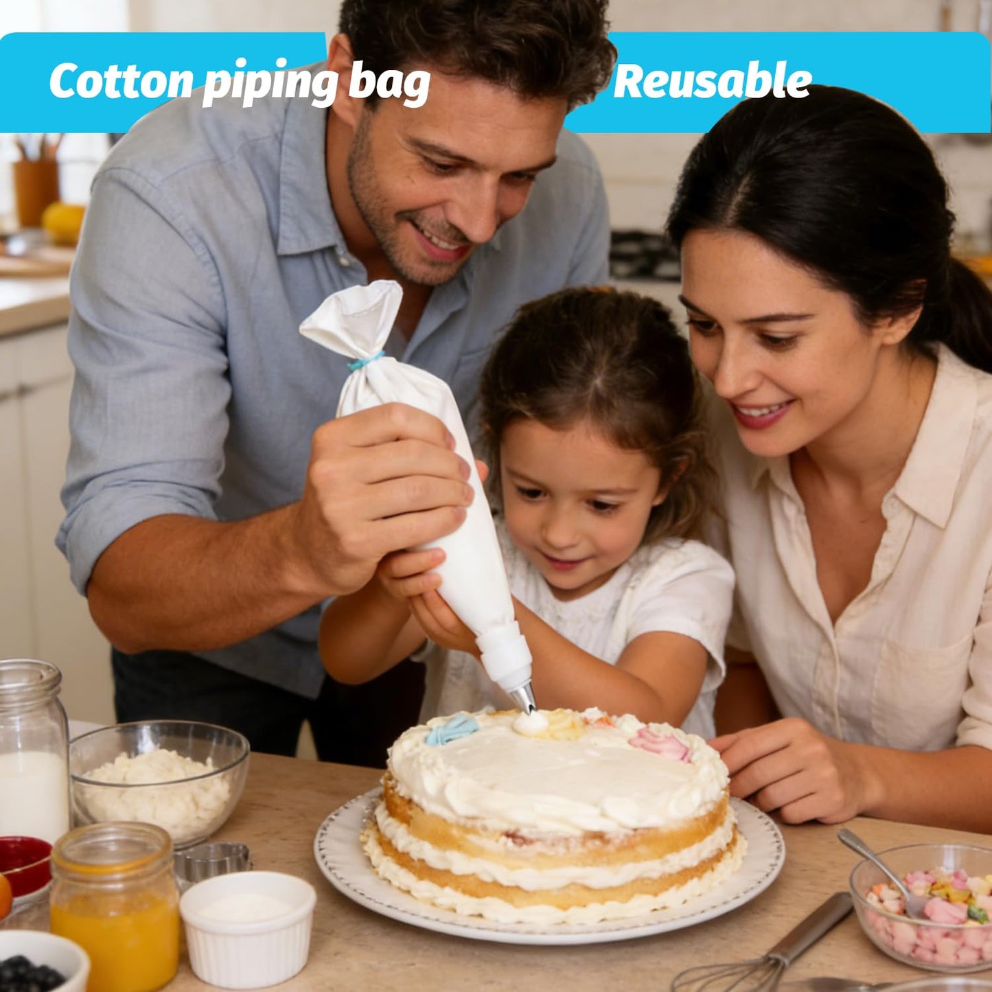 Reusable Cotton Piping Bags and Tips Set -Two 16inch Pastry Bags with 8pcs Large Stainless Icing Tips for Cake Decorating, Cupcakes, Cookies. Baking Kit for Home Bakers & Chefs