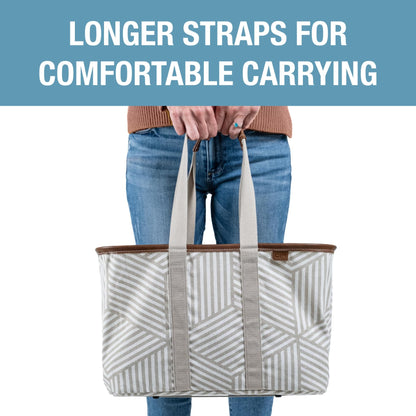 CleverMade Snapbasket LUXE Collapsible Tote - Geometric Taupe 1 Pack 30L / 8 Gal - Reusable Grocery Collapsible Storage Shopping Organizer