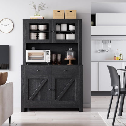 63" Tall Farmhouse Kitchen Pantry Cabinet with Microwave Stand, Freestanding Pantry Hutch Cabinet with Adjustable Shelves, Drawers & Countertop, Buffet Cupboard for Dining & Living Room Storage, Black