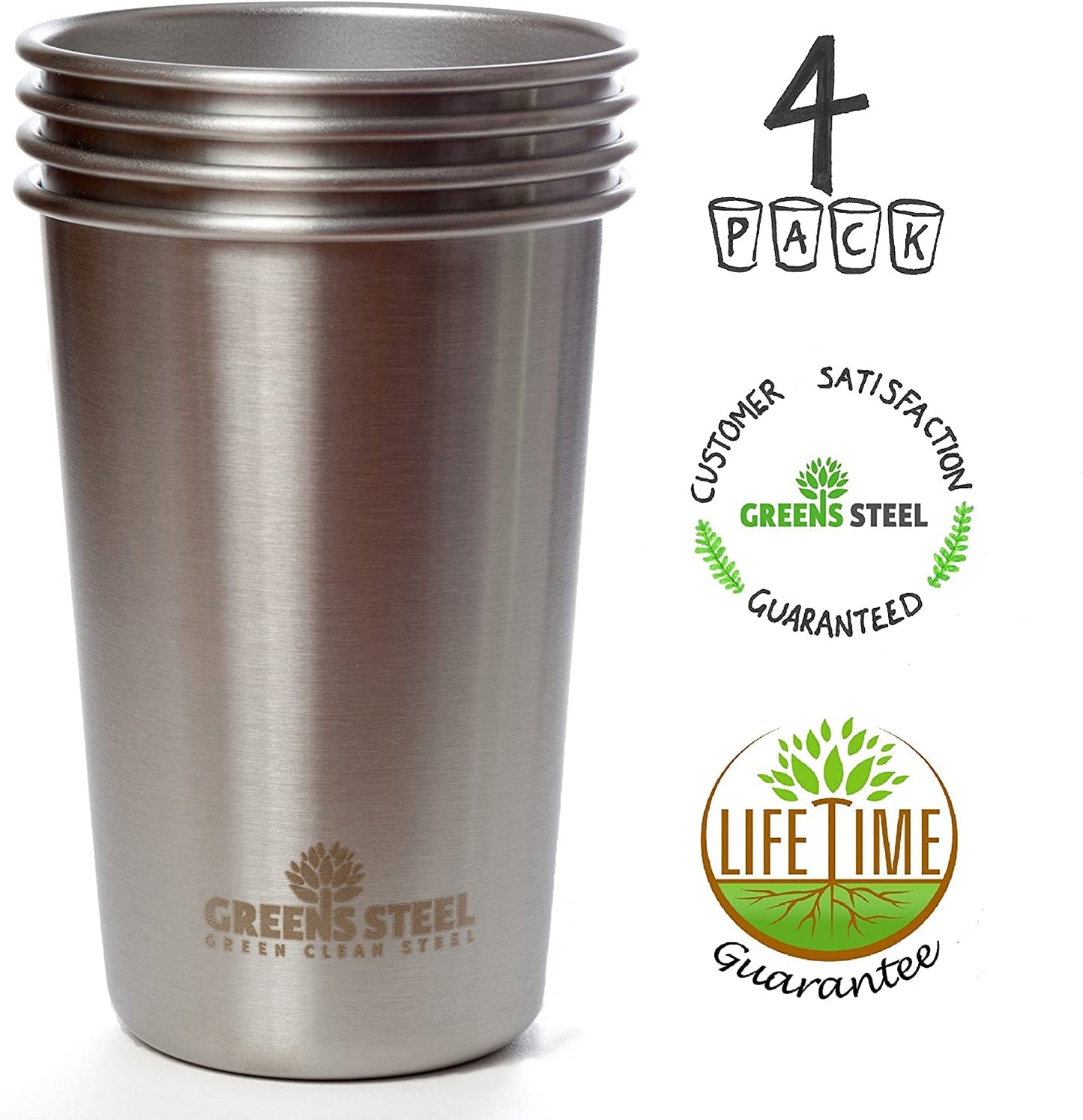 Greens Steel #1 Premium Stainless Steel Cup, 16 oz Pint Cups (4 Pack) Premium Metal Cups - Stackable Durable Cup