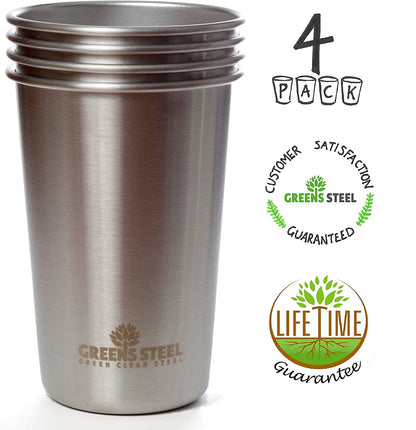 Greens Steel #1 Premium Stainless Steel Cup, 16 oz Pint Cups (4 Pack) Premium Metal Cups - Stackable Durable Cup