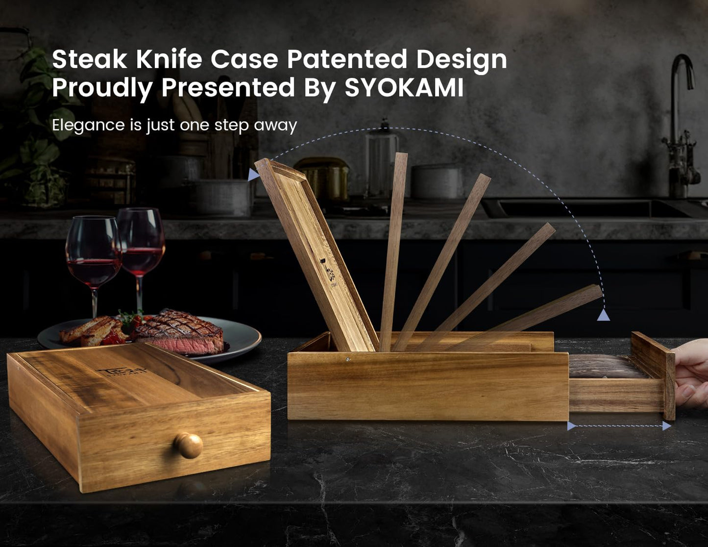 SYOKAMI Steak Knives Set of 6 with Drawer Organizer, 4.8 Inch High Carbon Japanese Style Non Serrated Meat Knife with Wood Handle, Damascus Pattern Full Tang Design, Razor-Sharp Dinner Knives