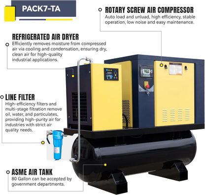 Torin PACK7-TA 7.5KW 10HP Rotary Screw Air Compressor 230V/3Ph 35CFM 125psi with 80Gal ASME Tand & Air Dryer Heavy Duty Air Compressed System All in One