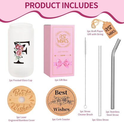 16oz Monogrammed Set, Personalized Initial Glass Cup for Women, Glass Cup with Lids and Straws, Gift Frosted Reusable