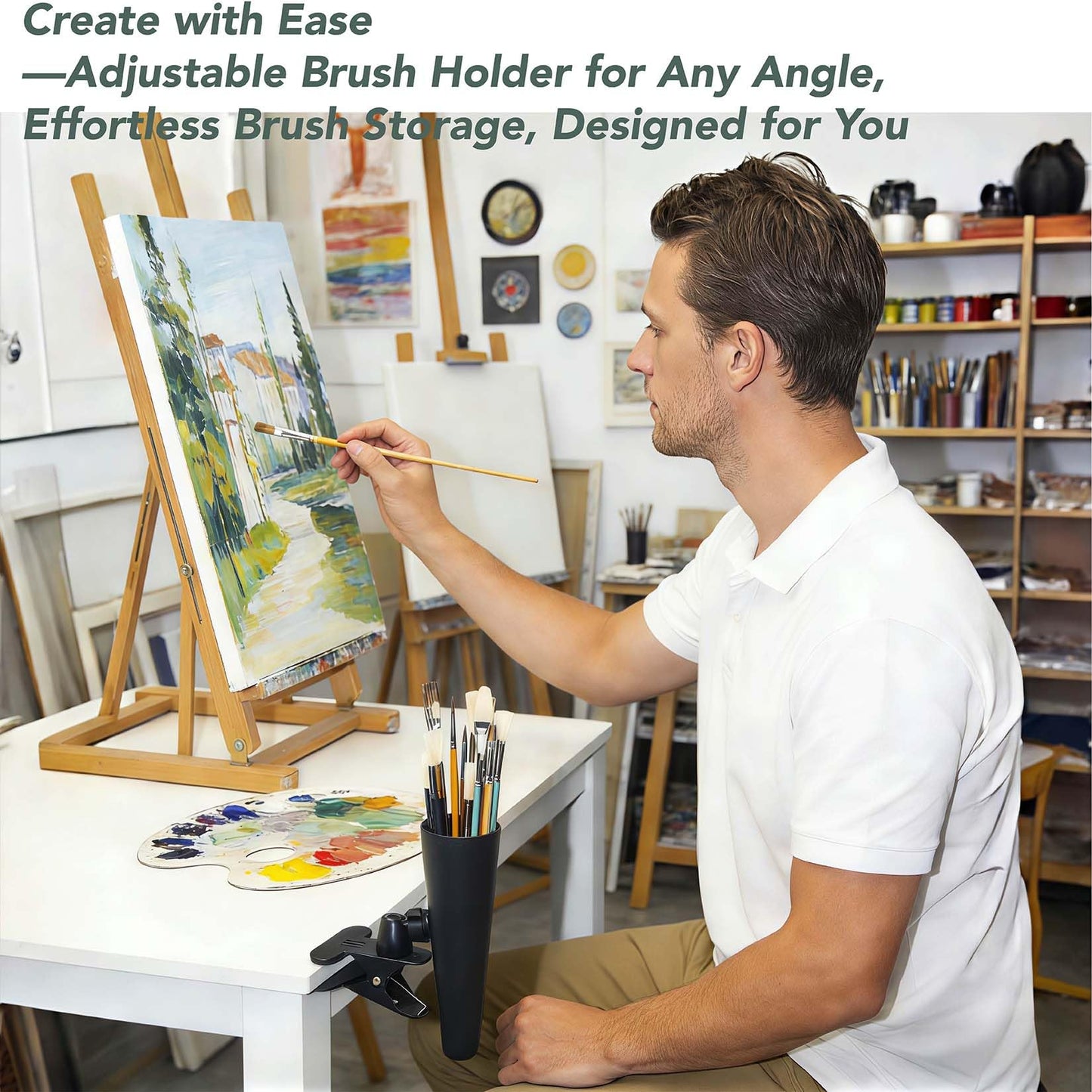 14 Paint Brushes Set with Brush Holder, Includes Hog Bristle & Weasel Hair Brushes for Oil, Acrylic, and Watercolor, Rotating Metal Clamp Convenient Storage and Positioning During Painting