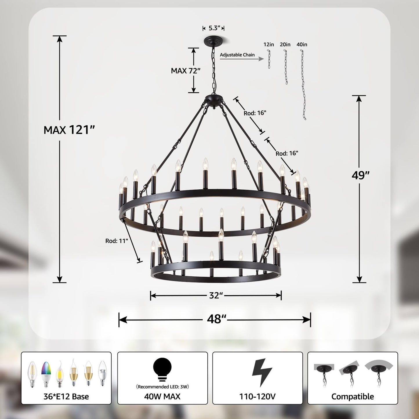 VBKK Black Wagon Wheel Chandelier 2 Tier 36-Light, 48-Inch Large Farmhouse Industrial Chandelier Round Rustic Pendant Light Fixture for High Ceilings Foyer, Entryway, Dining Room, E12