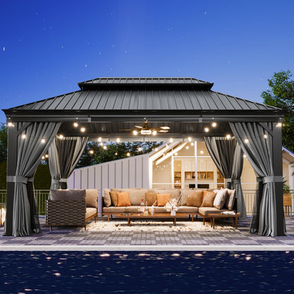 Aoxun 12' X 16' Hardtop Gazebo with Drainage System, Aluminum Outdoor Gazebo with Galvanized Steel Double Roof, Patio Permanent Metal Pavilion with Netting, for Garden, Deckyard, Grey