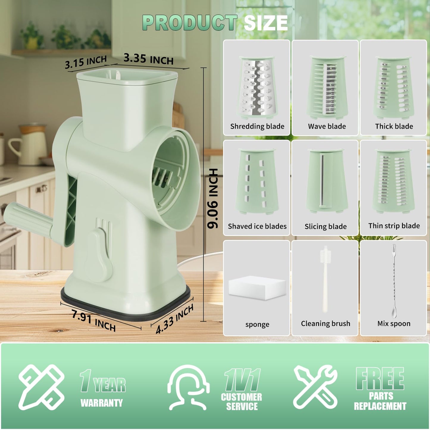 2025 Upgrade 6-In-1 Cheese Grater【 Military-Grade SUS304 Blade - 3S Fast Cut】【SGS Certification - German Nano Strong Suction Base】Cheese Grater Hand Crank Suitable for Home Use (Green 1)