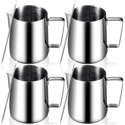 Dandat 4 Pcs Milk Frothing Pitcher 12 oz Espresso Steaming Pitcher Milk Frother Cup with Latte Art Pen Stainless Steel Coffee Bar Espresso Machine Accessories Cappuccino Barista Tools