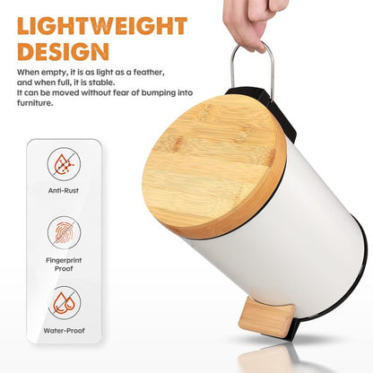 ODJSY Small Bathroom Trash Can with Natural Bamboo Lid Soft Close，3 Liter / 0.8 GallonStainless Steel Garbage Can with Removable Inner Bucket andStep Pedal（White）