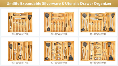 Umilife Kitchen Silverware Organizer - Large Expandable Bamboo Utensil Tray with Adjustable Divider