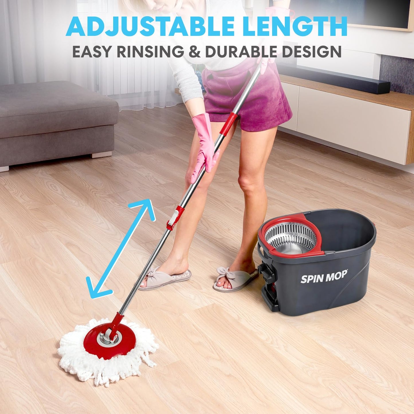 Simpli-Magic 79349 Spin Mop Cleaning System with 3 Microfiber Mop Heads, Red/GRAY,Red/Black