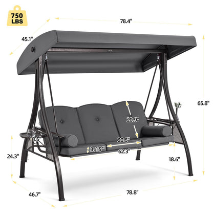 HOMREST 3 Person Outdoor Porch Swing with 1.5" Upgraded Cup Holder, Adjustable Canopy, Backrest, Patio Swing Bed with Weather Resistant Steel Frame, Cushions for Garden,Deck and Poolside(Gray)