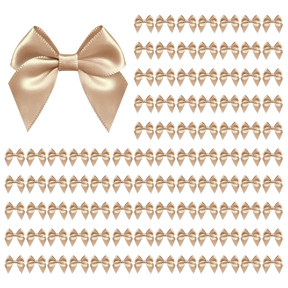 100 PCS Bows for Gift Wrapping, 2.75" Satin Ribbon Bows with Double-Sided Tape, Small Bows for Crafts, Bow Decor, Mini Bows Decorations for Party Baby Shower Birthday Wedding (Khaki)
