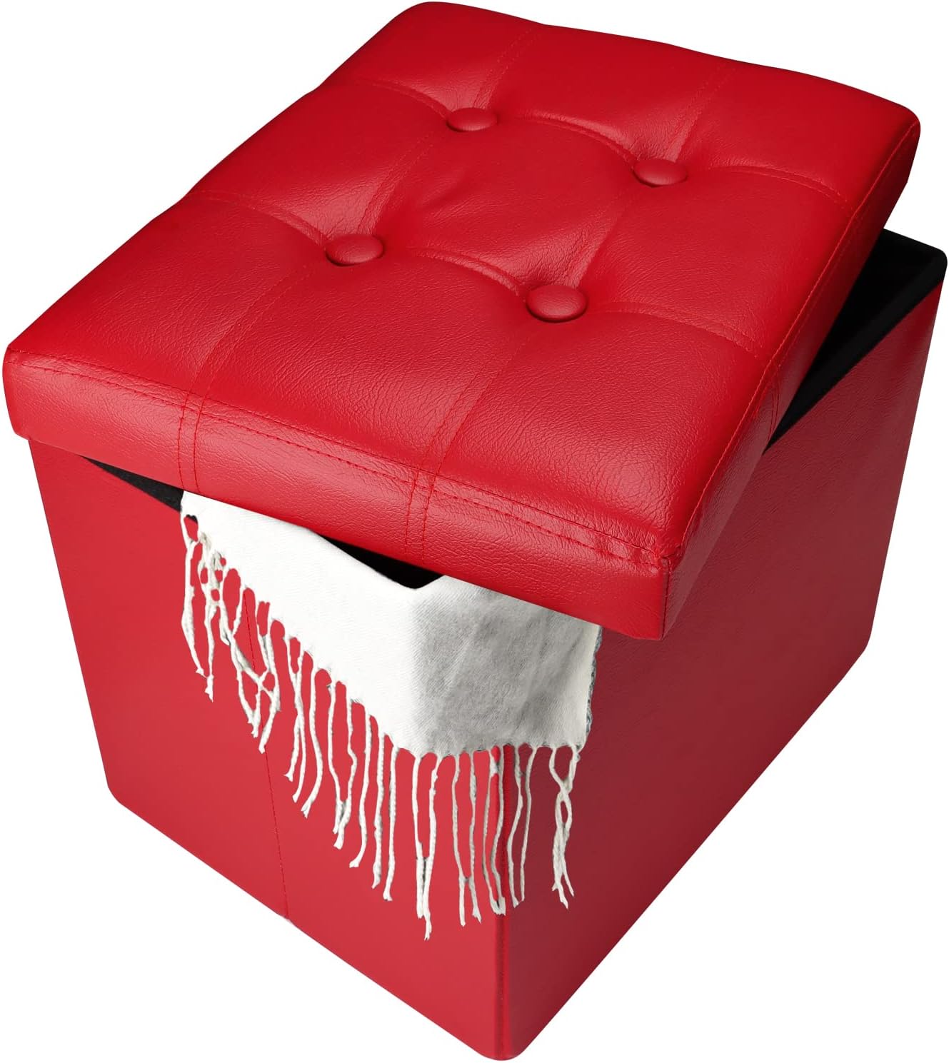 17x13x13in,Red Bsketa Storage Ottoman, Folding Foot Stool with Thicker Foam Padded Seat Small Leather Storage Ottoman