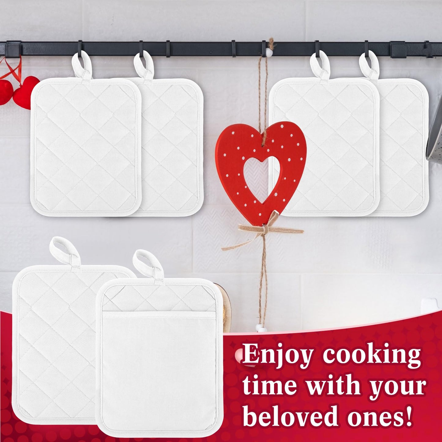 Hoolerry 10 Pieces Pot Holders with Pocket Sublimation 7x9'' Cotton Oven Pot Holders Bulk with Hanging Loops Pads for Kitchen Cook Baking (White)