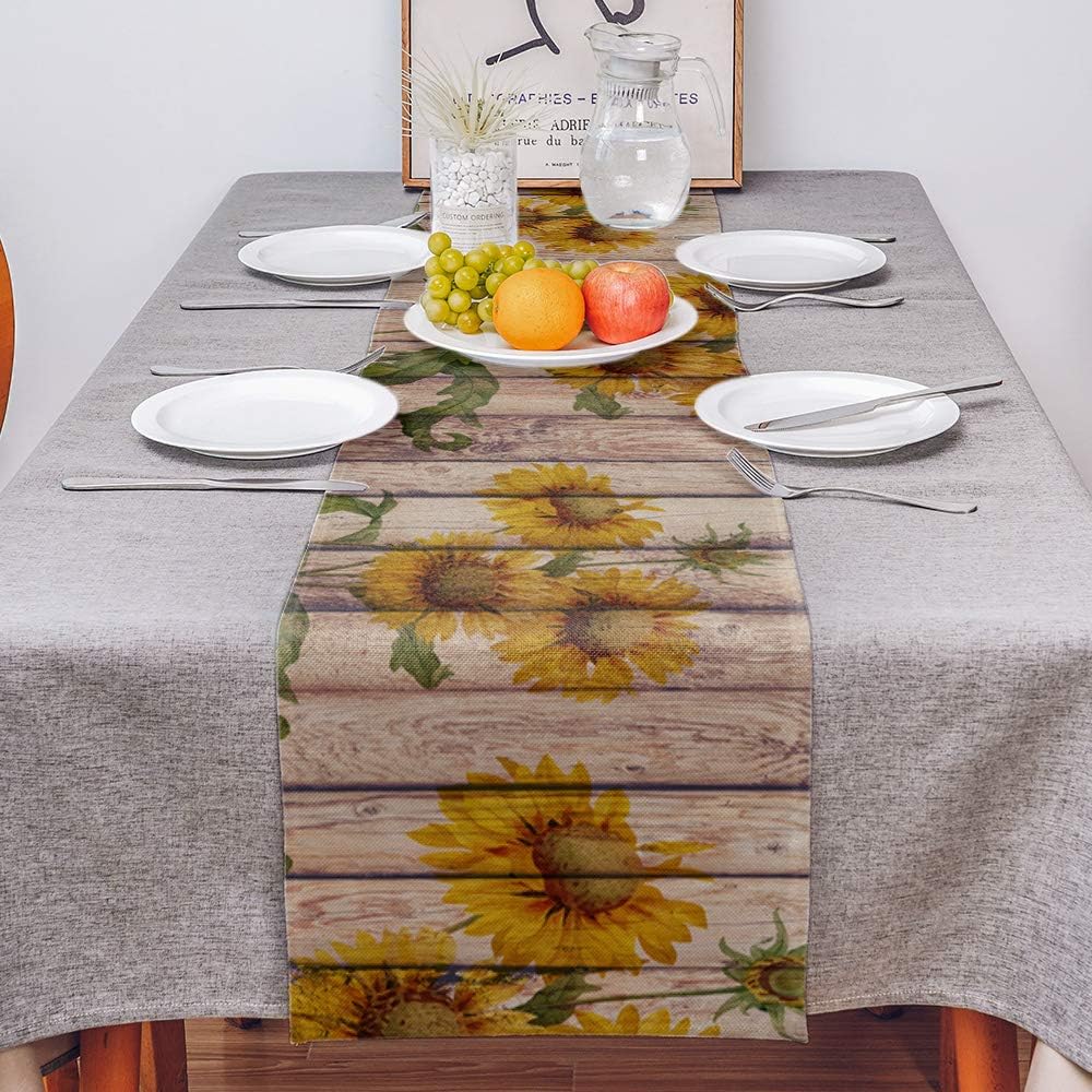 Sunflowers Rustic Table Runner - Cotton Linen Small 36 Inch Dresser Scarves, Farmhouse Tablerunner for Home Living Room