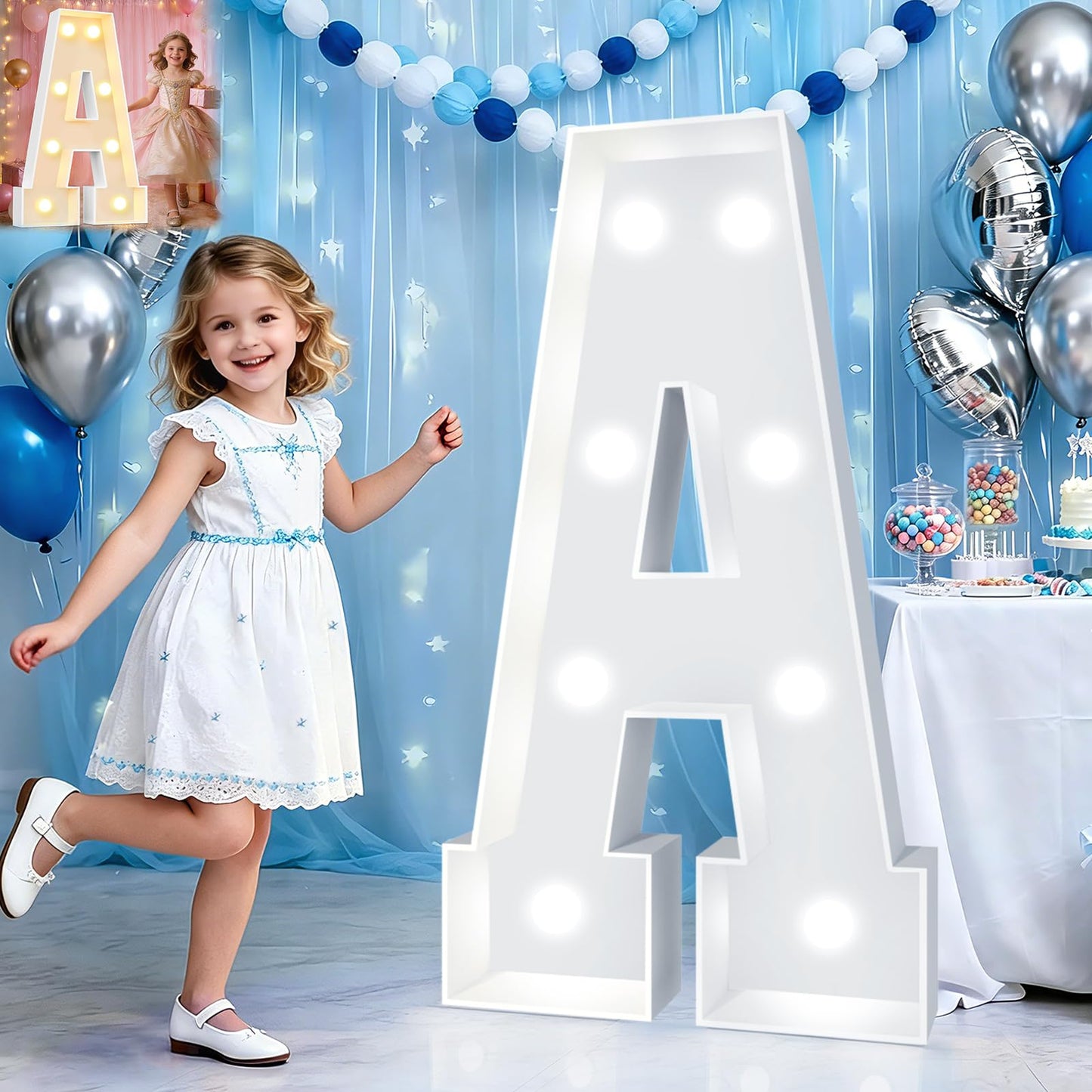 Pooqla 3FT Light Up Marquee Letters, Cool White and Warm White LED Large Lighted Marquee Letters, Giant Mosaic Letter Sign for Balloons Birthday Anniversary Wedding Party Decoration, LED A