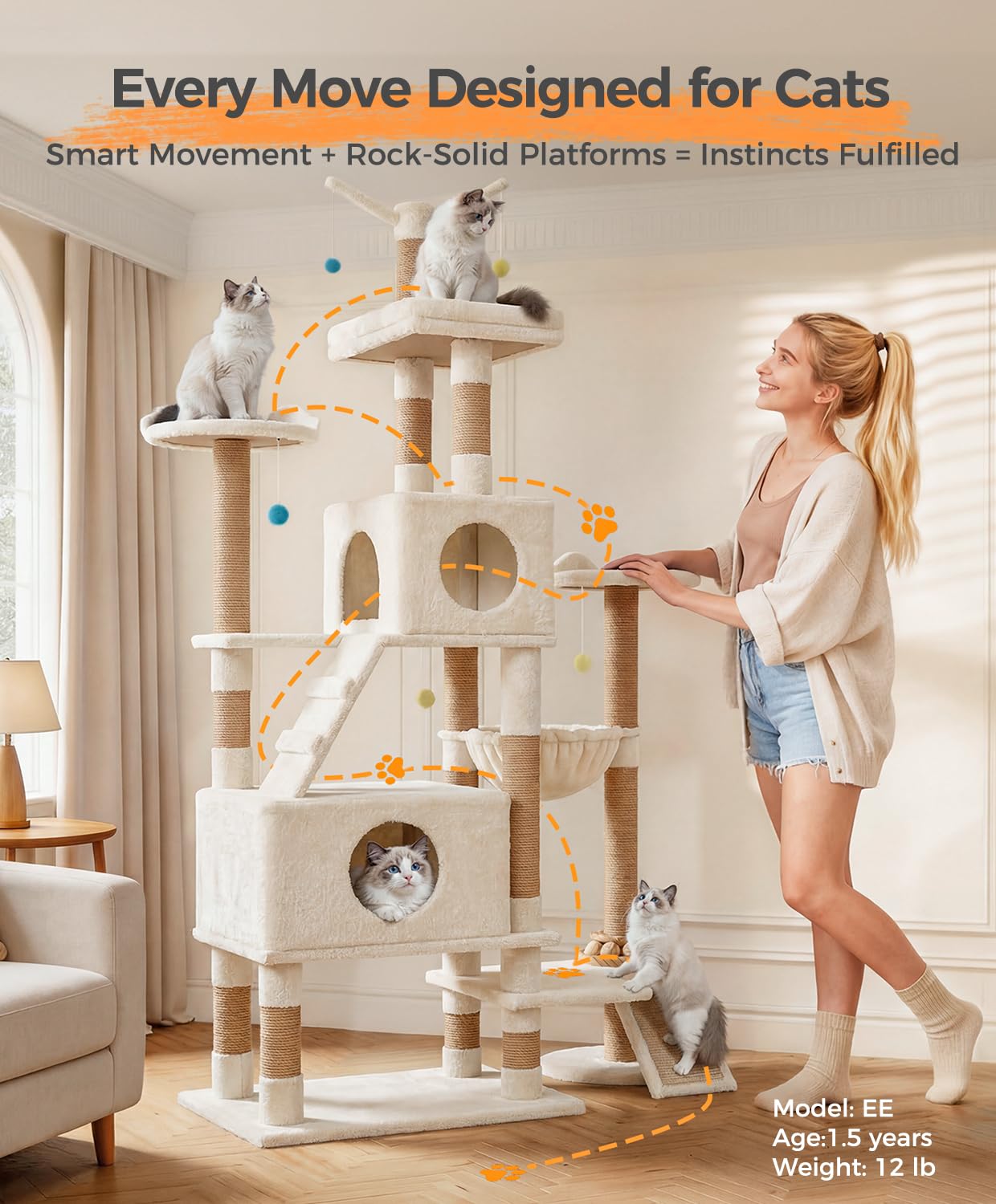 Catlike【Rock-Solid Real Wood】 76“ Tall Cat Tree for Large Cats, No Wobble Even at the Top, Extra-Large Condos for Maine Coons & Big Cats, Indoor Cat Tower with Scratching Posts, Perches & Hammmock