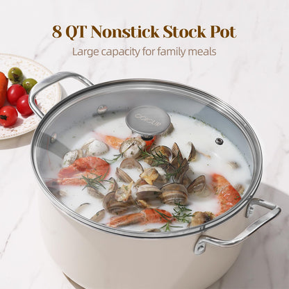 Ceramic Nonstick Stock Pot with Lid 8 QT Large Induction Cooking Pot with Stainless Steel Handles, Non Toxic Soup Pot for Stews, Oven & Dishwasher Safe, Cream White