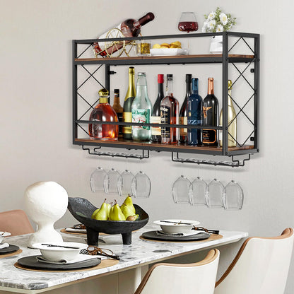 NEYCIL Wine Rack Wall Mounted 2 Tier Wall Wine Rack with Glass Holder, Double Layer Anti-Drop Crossbar, 31.5" Metal Wood Wall Mount Wine Holder for Home Kitchen Dining Room Coffee Shop Bar, Black