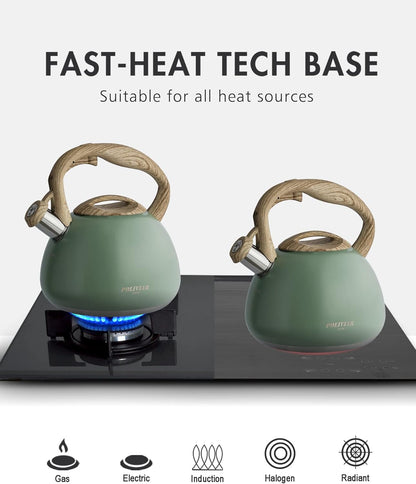 2.7 (JX2020-SB30) Poliviar Tea Kettle, Quart Seaweed Green Finish with Wood Pattern Handle Loud Whistle Food Grade