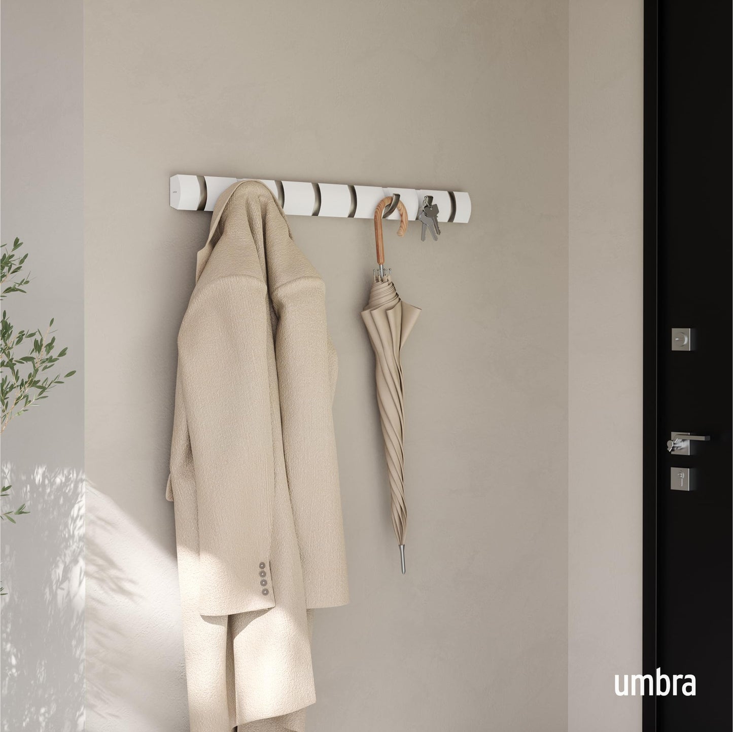 Umbra Flip Wall-Mounted Coat Rack with 8 Hooks – Modern, Space-Saving Storage for Hats, Jackets, Bags, Entryway, Mudroom, Closet, Bathroom, Bedroom – White/Nickel