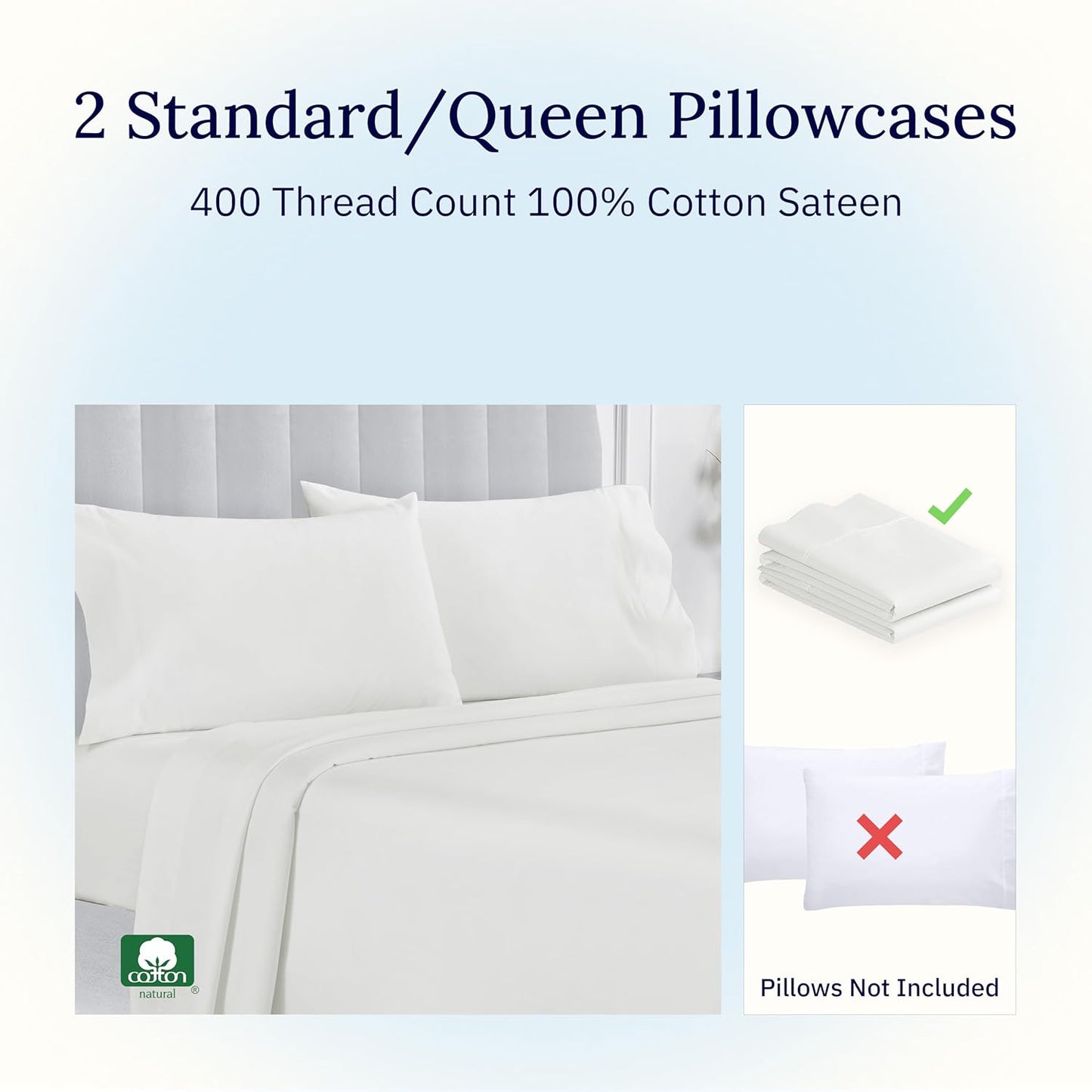 California Design Den Standard Queen Pillowcase Set - 400 Thread Count, 100% Cotton Sateen, Set of 2, Pale Ivory