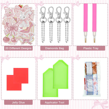 Aurelema 20 Pieces Pink Bow Diamond Painting Keychains Coquette Party Diamond Art Keychain 5d DIY Painting Art Kits for Women Crafts Party Decor