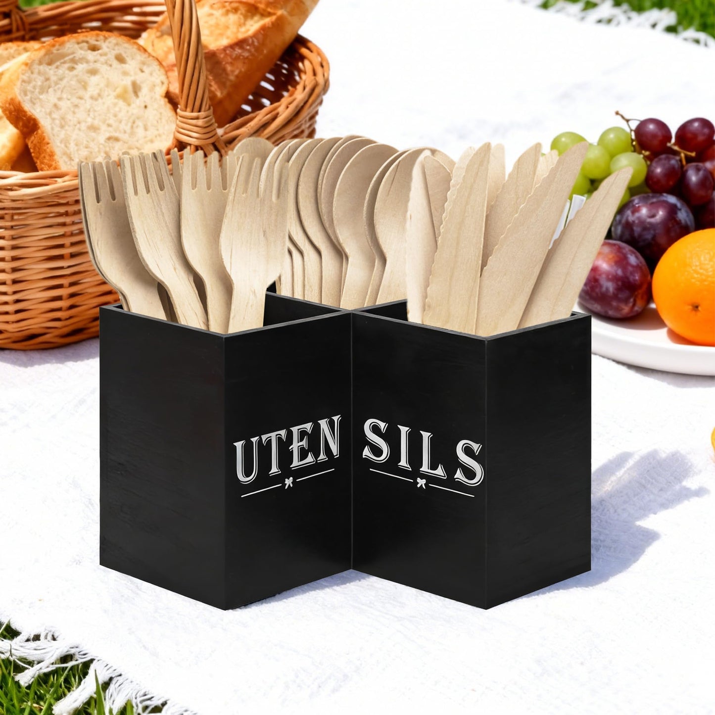 Top-spring Extra Large Utensil Holder for Kitchen Counter - Wooden Cooking Utensils Holder - Rustic Farmhouse Decor Kitchen Corner Utensil Organizer with 3 Compartment, Black Wood Utensil Caddy