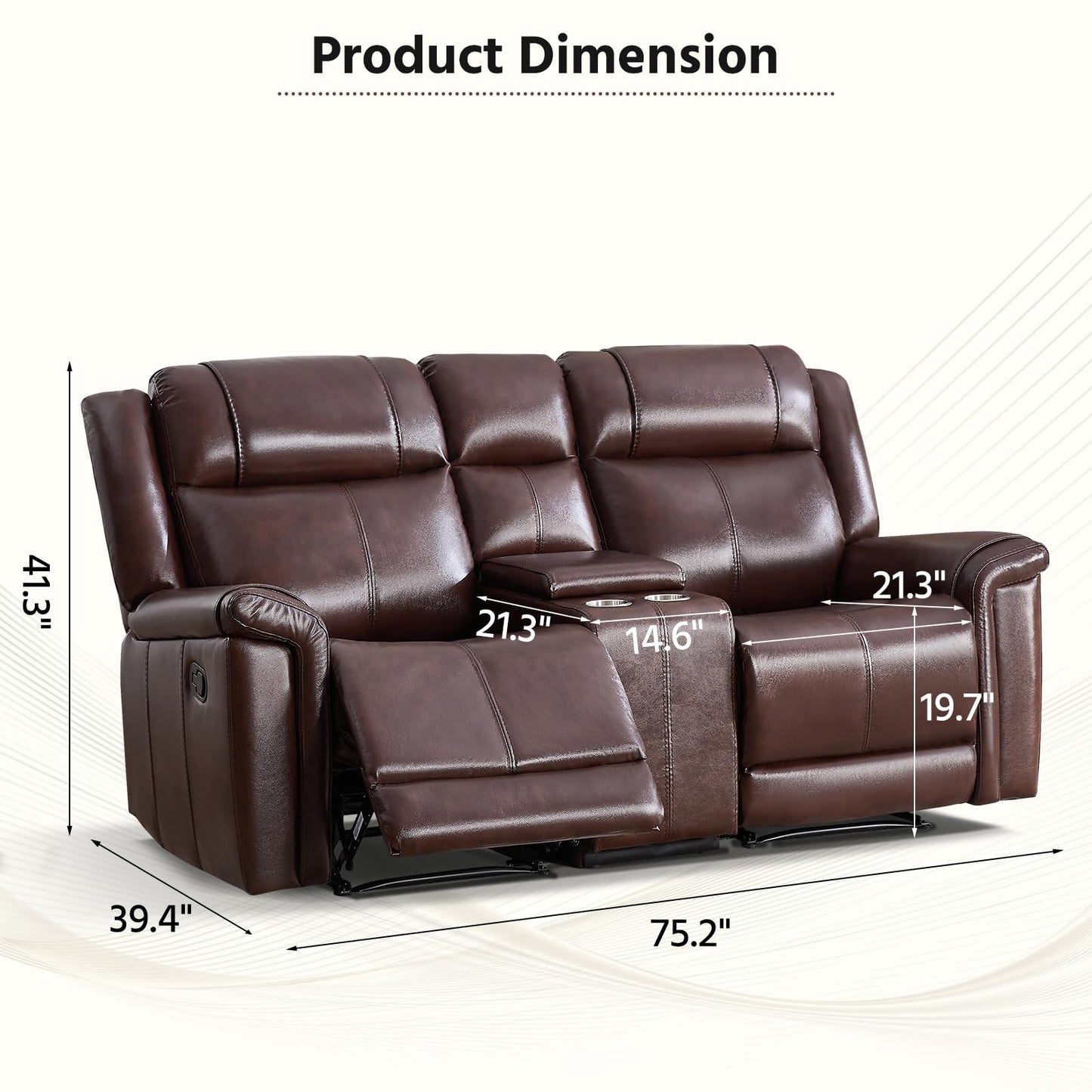 ANJ Geniune Leather Manual Loveseat Recliner Sofa Set of 2 with Center Console, Overstuffed 2-Seater Reclining Couch with Hidden Storage & Cup Holders, 2 Dual Recliner for Living Room, Rust Brown