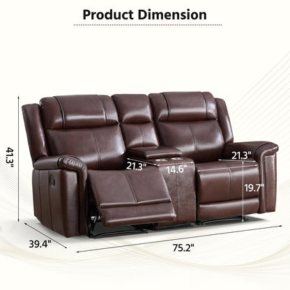 ANJ Geniune Leather Manual Loveseat Recliner Sofa Set of 2 with Center Console, Overstuffed 2-Seater Reclining Couch with Hidden Storage & Cup Holders, 2 Dual Recliner for Living Room, Rust Brown