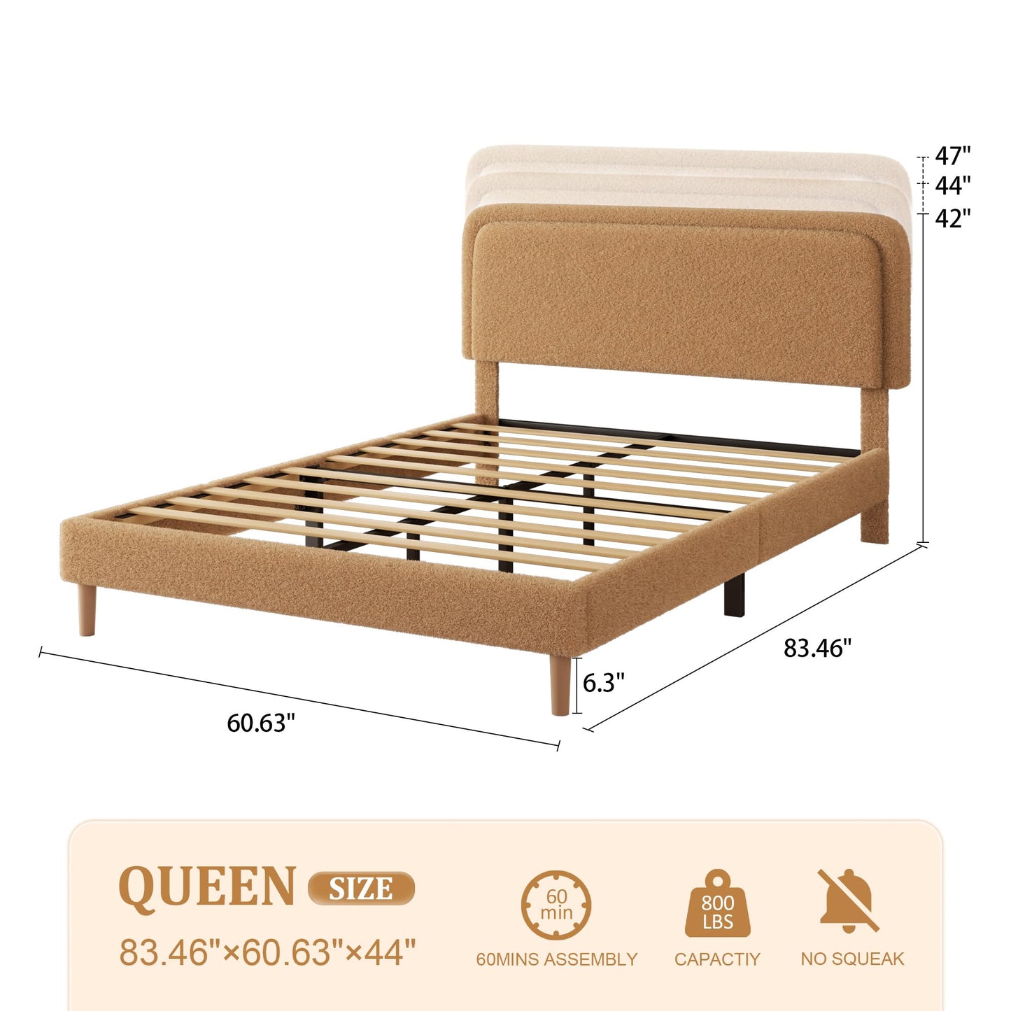 viplov Queen Size Boucle Upholstered Platform Bed Frame with Adjustable Headboard, Soft Cloud Bed, No Box Spring Needed, Noise Free, Easy Assembly, Brown