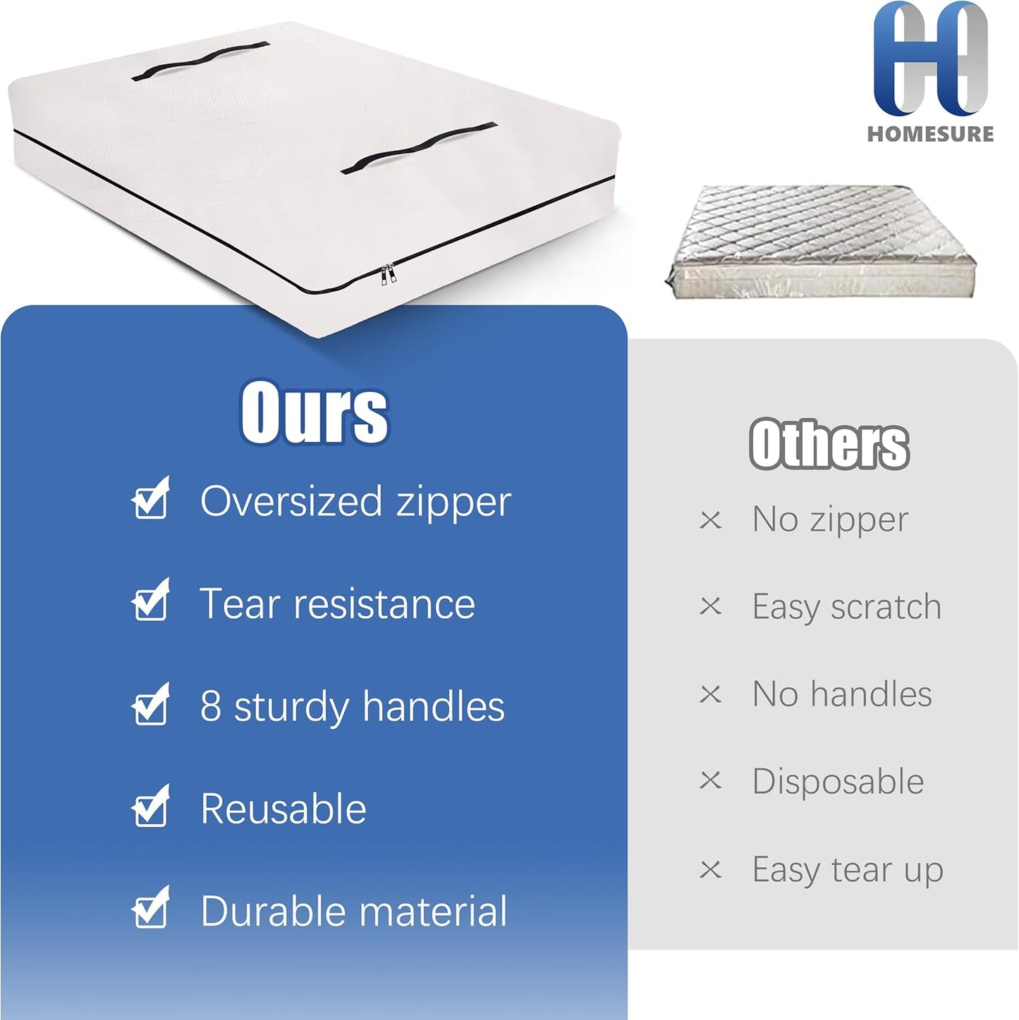 Mattress Bags for Moving and Storage - Heavy Duty with 8 Handles, Strong Zipper Closure, Semi-Transparent