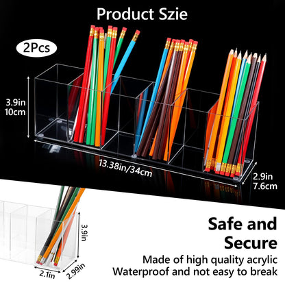 Caeuiciw 2 Pcs Acrylic Pen Holder 6 Compartments Makeup Brush Stationery Organizer Pencil Holder for Accessories Cosmetic Brushes Office Bathroom Kitchen Supplies,Clear