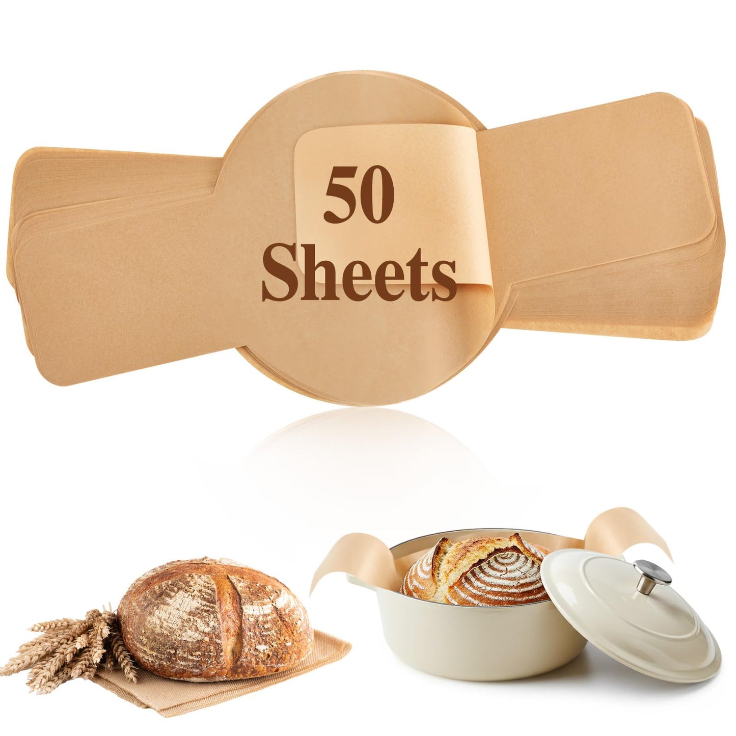 Marspark 50 Pcs Parchment Paper for Sourdough Baking, Bread Sling - Dutch Oven Liner, Pre-Cut Parchment Baking Supplies for Easy Dough Transfer (Round)