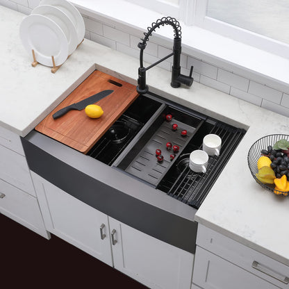 VCCUCINE 33 Inch Gunmetal Black Double Farmhouse Sink, 33X22 Double Bowl Farmhouse Kitchen Sink, 16 Gauge 50/50 Stainless Steel Apron Front Farm Sink, Workstation Farmer Sink With Accessories