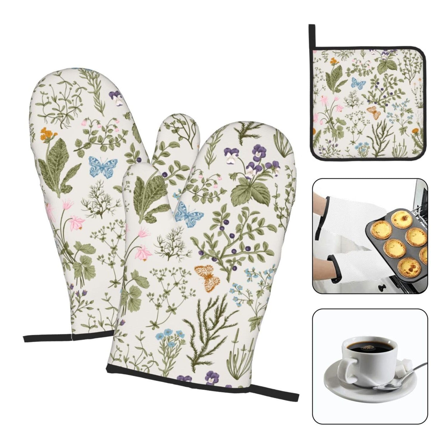 Vintage Floral Oven Mitts and Pot Holders Sets of 3 Cute Botanic Hot Pads Herbs and Wild Flowers Oven Gloves Heat Resistant Washable for Kitchen Cooking Grilling Baking