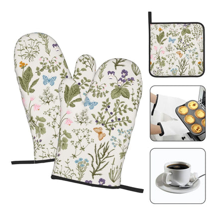 Vintage Floral Oven Mitts and Pot Holders Sets of 3 Cute Botanic Hot Pads Herbs and Wild Flowers Oven Gloves Heat Resistant Washable for Kitchen Cooking Grilling Baking