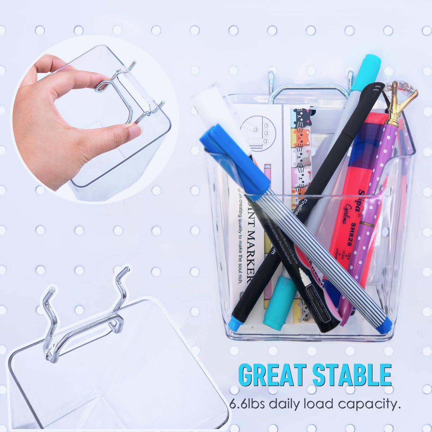 G.CORE Large Pegboard Cups Peg Board Storage Bin 6 Pack with Hooks, Square Box Shape Pegboard Cup Holder Accessories for Garage Workbench/Craft Room/Office/Playroom/Home Kitchen Organization (Clear)