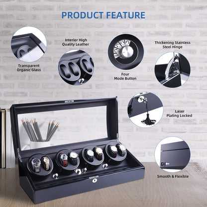 Luxury 4 Motor Quad Watch Winders for Automatic Watches, Safe & Wooden Display Box Case 8+9 Storage (Black)