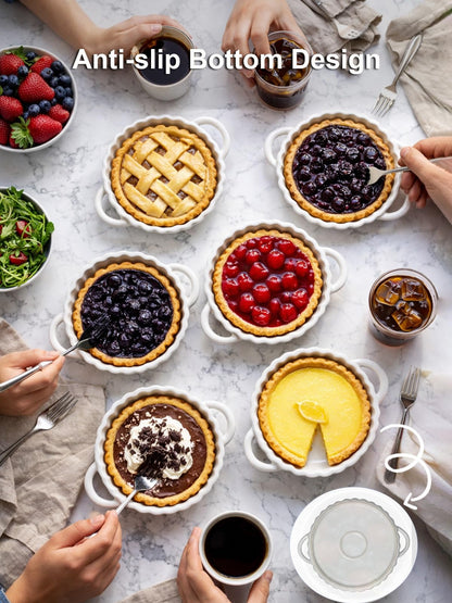 Yamteck 5in Ceramic Mini Pie Pan Set of 6 with Handles for Pie Quiche Tart. Easy to grip, Lead-Free. 8 oz Ramekins Dish for Creme Brulee, Soufflés; Gifts for Baking Enthusiast. Oven Dishwasher Safe